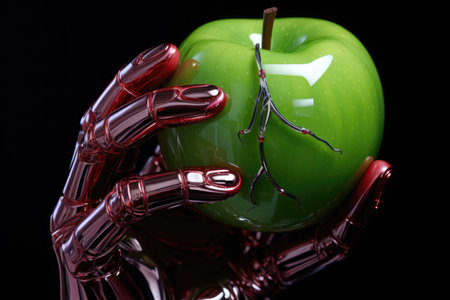 a detailed shot of a robot hands grip on a glossy apple, created with generative aiの素材