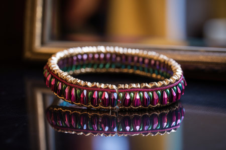 close-up of a beaded bracelet with a delicate mirror in the background, created with generative aiの素材