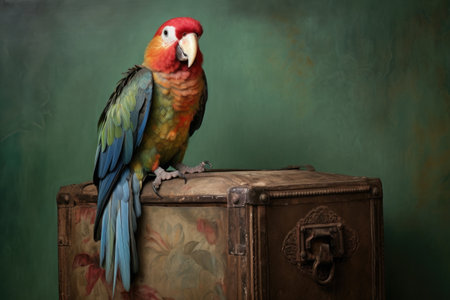 a colorful parrot perched on a vintage postal box, created with generative aiの素材