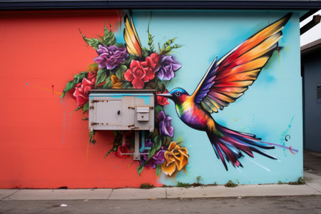 a hummingbird hovering near a brightly painted mailbox, created with generative aiの素材