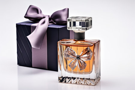 perfume bottle in a gift box, bow tie placed alongside, created with generative aiの素材