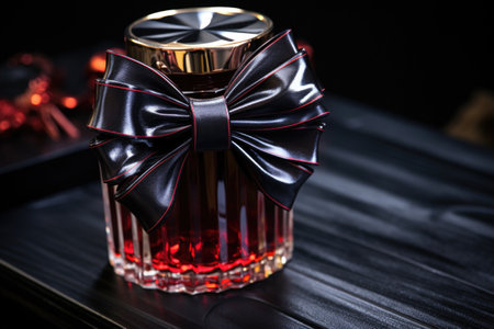 close-up of a bow tie wrapped around a luxury fragrance bottle, created with generative aiの素材