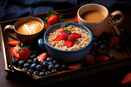 a bright tray with a bowl of oatmeal, berries, and a cup of hot chocolate, created with generative aiの素材
