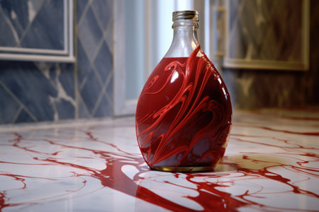 a shattered flask on a marble countertop with red liquid flowing towards the edge, created with generative aiの素材