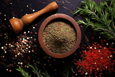 overhead shot of a mortar and pestle, peppercorns scattering, created with generative aiの素材