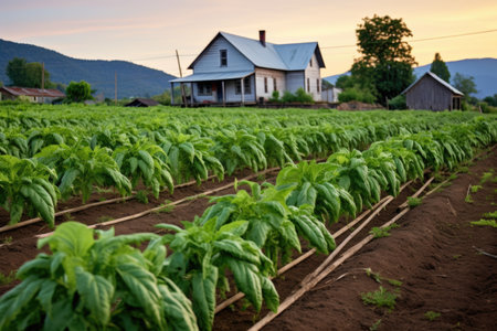 rows of green chili pepper plants, with a farmhouse in the background, created with generative aiの素材