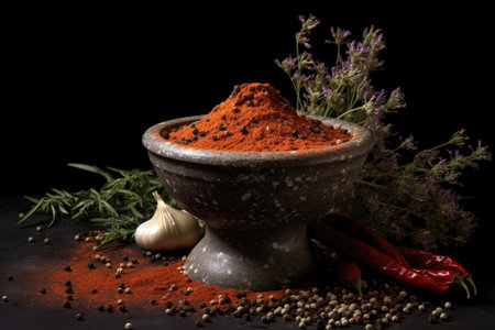 chili powder in a granite mortar with a scattering of seeds nearby, created with generative aiの素材