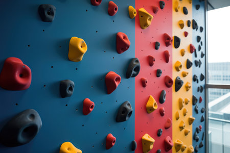 close-up of climbing holds in corporate colors on an office wall, created with generative aiの素材