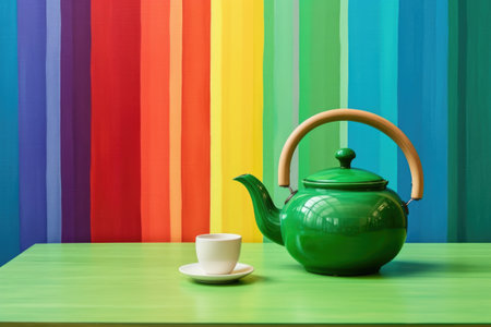 a green teapot on a white table with a rainbow painted wall in the background, created with generative aiの素材