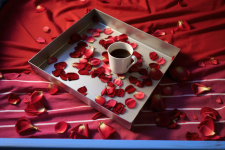 a bird-eye view of a coffee cup on a tray, with scattered rose petals around on a red bedspread, created with generative aiの素材