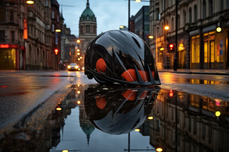 black cycling helmet on a rain-soaked city street, with traffic lights reflected, created with generative aiの素材