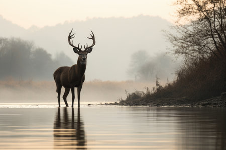 a lone stag standing majestically amidst morning fog, created with generative aiの素材
