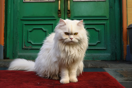 a white cat with dirt-streaked fur sitting on a green doormat, created with generative aiの素材