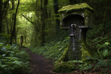 drinking fountain on a hiking trail amidst greenery, created with generative aiの素材