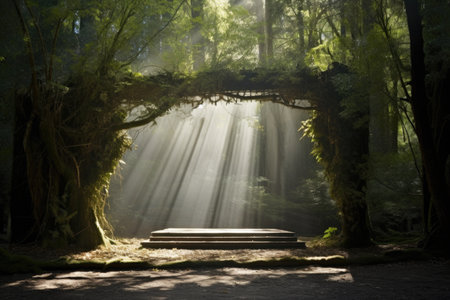 a simple stage under a forest canopy, with rays of sunlight peeking through, created with generative aiの素材