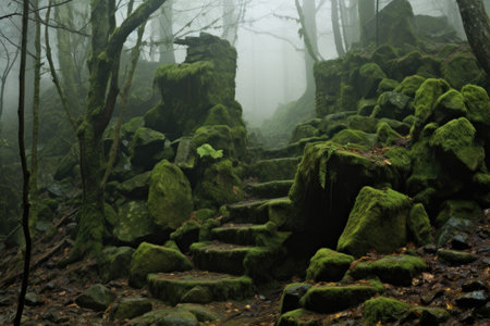 a stage made of mossy rocks in a foggy forest clearing, created with generative aiの素材