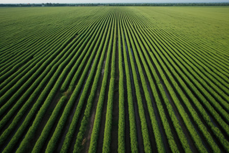 aerial view of an expansive onion field with rows of green tips, created with generative aiの素材