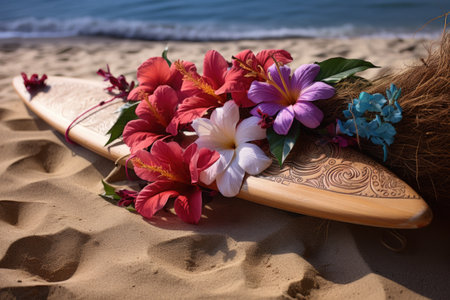 a hibiscus flower lei draped over an old surfboard on a sandy beach, created with generative aiの素材