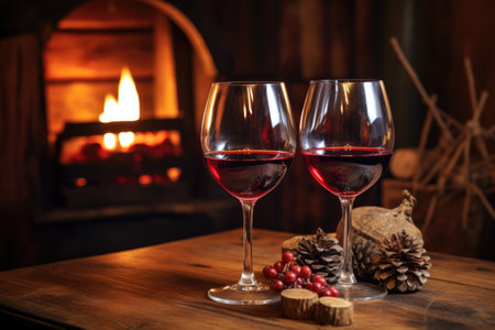 two glasses of red wine with a candle on a wood table, created with generative aiの素材