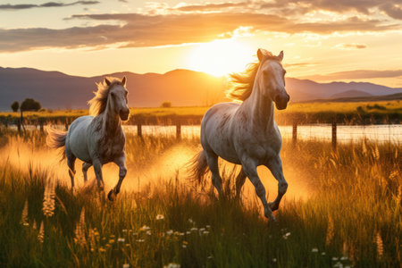 horses galloping together in a meadow during sunrise, created with generative aiの素材