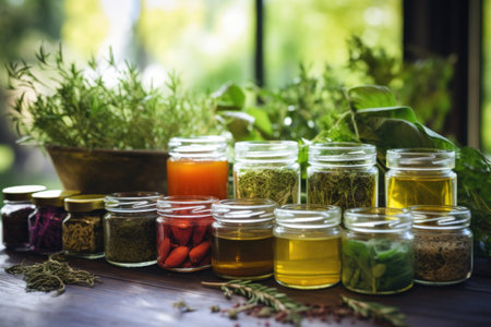 herbal supplements in glass jars under natural light, created with generative aiの素材