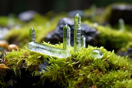 clear quartz crystals lying on a bed of fresh moss, created with generative aiの素材