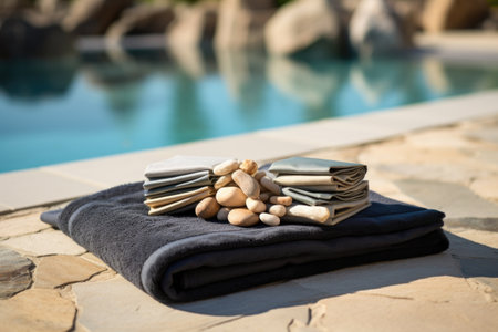 hot stones arranged on a towel next to a pool, created with generative aiの素材