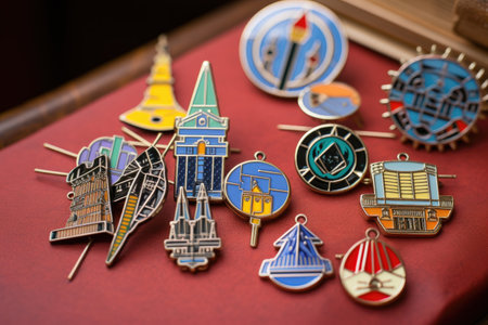 closeup of enamel pins with academic motifs, created with generative aiの素材