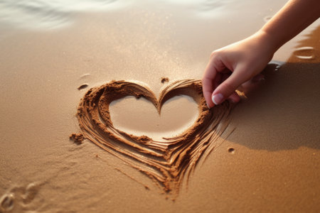 a hand drawing heart shapes on sand, created with generative aiの素材