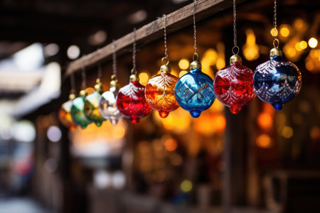 colorful christmas baubles hanging from a market stand, created with generative aiの素材
