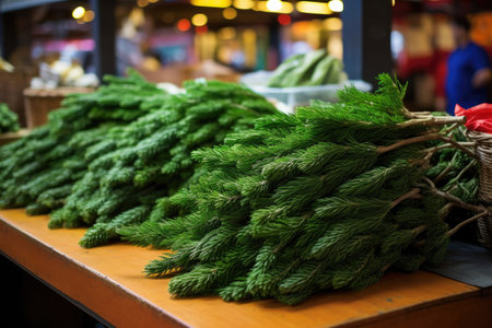 fresh fir branches arranged on a market stand, created with generative aiの素材