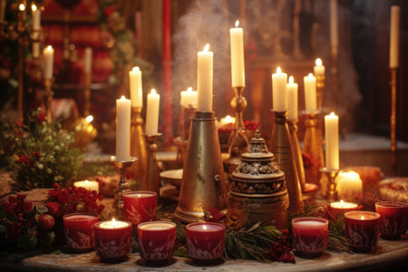 close-up view of christmas candles on the altar, created with generative aiの素材