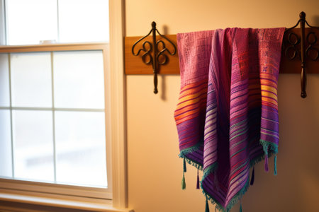 a single tallit prayer shawl hung on a hanger, created with generative aiの素材