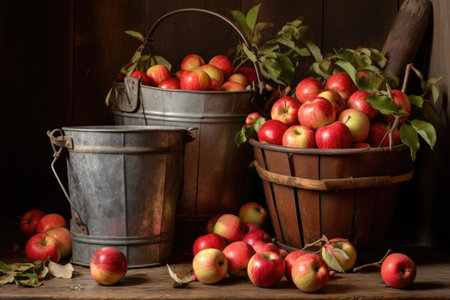 buckets of freshly picked apples, created with generative aiの素材