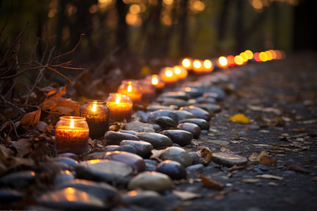 row of lit tealight candles on a rustic stone path, created with generative aiの素材