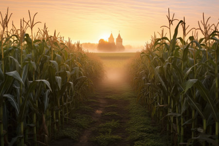 corn maze at dawn with mist rolling over, created with generative aiの素材