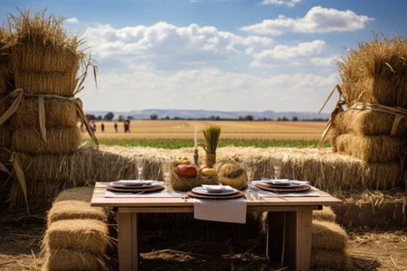 place-setting with hay bales and corn maze backdrop, created with generative aiの素材