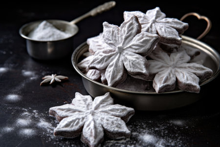 snowflake-shaped cookies covered in powdered sugar, created with generative aiの素材
