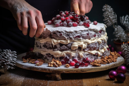 placing cherries and nuts on a frosted christmas cake, created with generative aiの素材