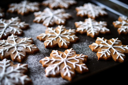 a close-up of snowflake cookies on a baking sheet, created with generative aiの素材