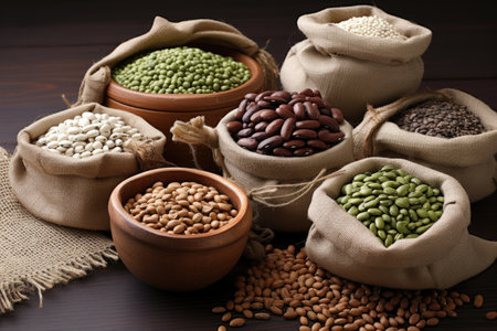 various types of beans in small burlap sacks, created with generative aiの素材