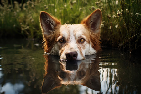 a dog and its reflection clearly visible in a pond, created with generative aiの素材