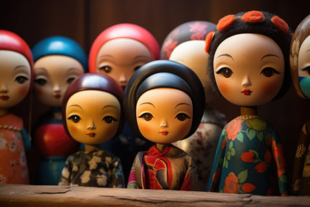several handcrafted dolls of different colors grouped, created with generative aiの素材