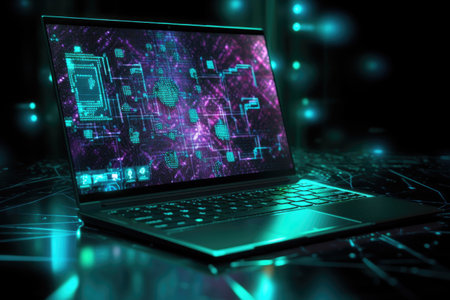 image of a laptop with blockchain code on the screen, created with generative aiの素材
