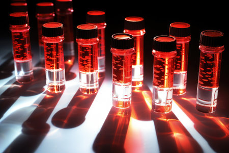 white fluorescent medical light shining on blood vials, created with generative aiの素材
