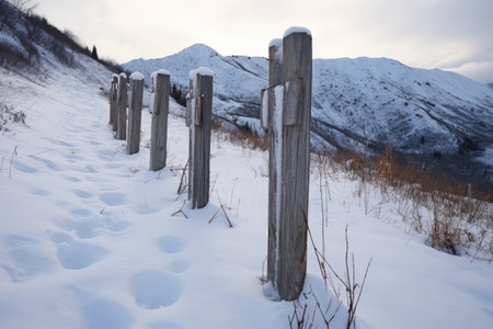 wooden boundary markers on a snowy mountain trail, created with generative aiの素材