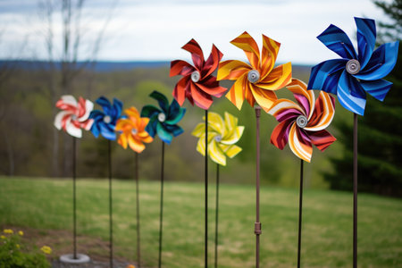 several pinwheels spinning due to wind/breath, created with generative aiの素材