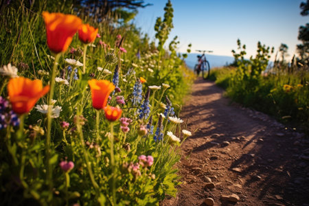mountain bike trail with wildflowers in foreground, created with generative aiの素材