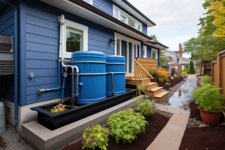 rainwater harvesting system installed beside a residential house, created with generative aiの素材
