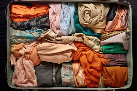 an overhead shot of a suitcase filled with neatly folded clothing, created with generative aiの素材